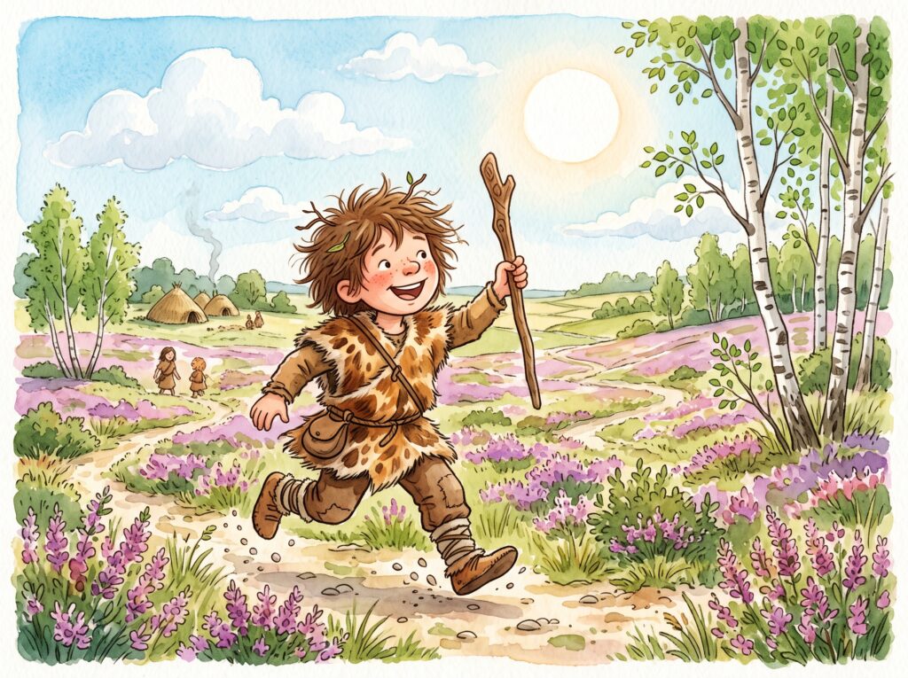 Watercolour of a laughing child in fur clothing with a wooden stick, running across the purple heath near Borger.